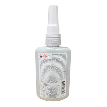 Back of Vibra-Tite 538 Retaining Compound bottle showing multilingual safety warnings and hazard icons.