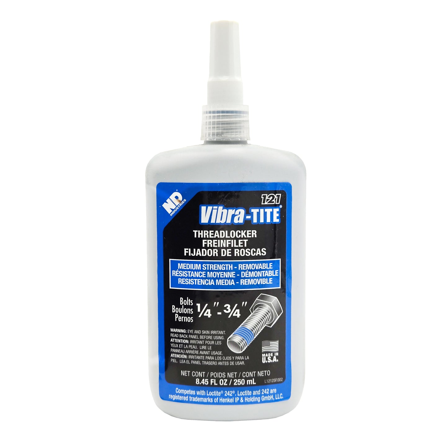 Front view of expired Vibra-Tite 121 medium-strength removable threadlocker 250mL bottle showing bolt application graphic and product details