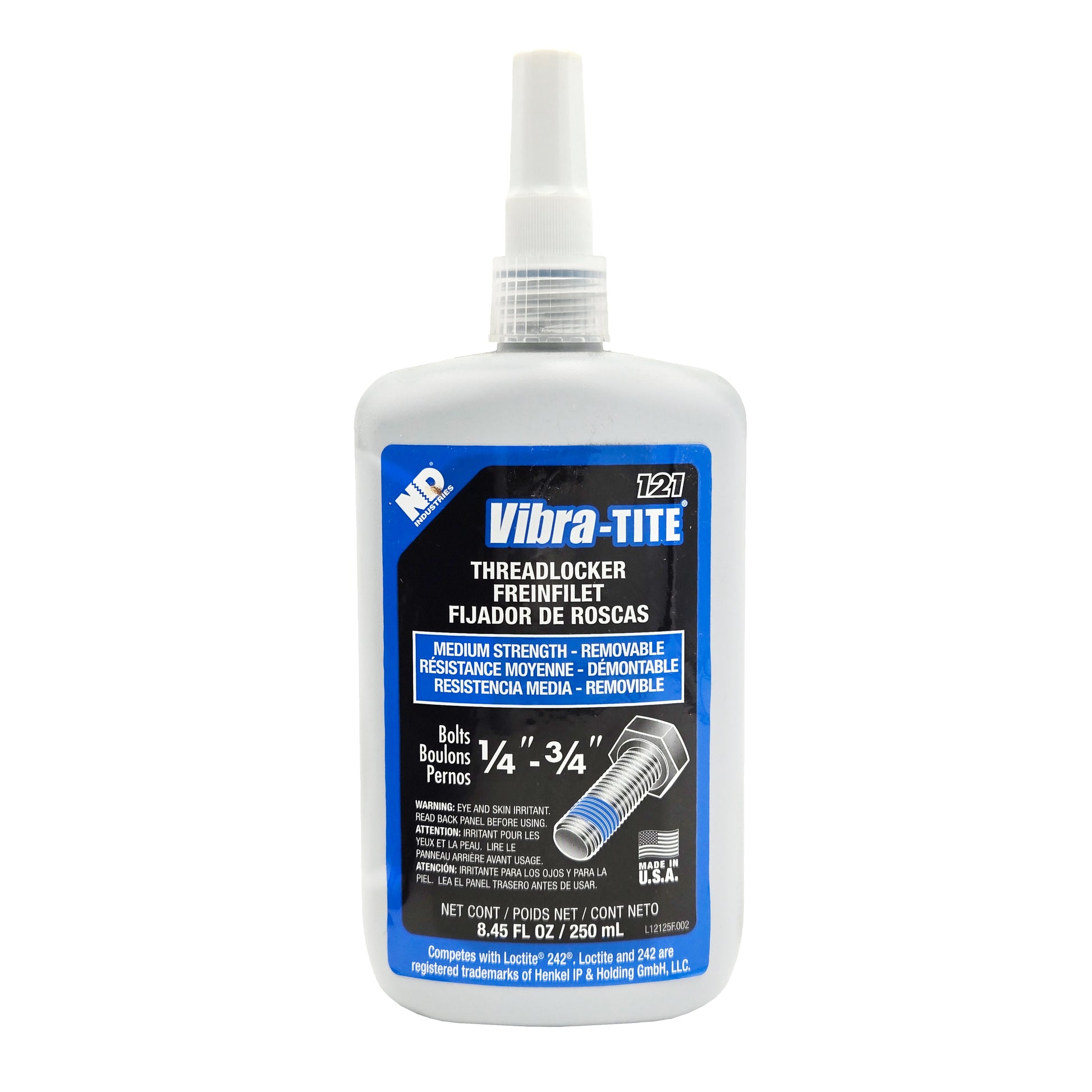 Front view of expired Vibra-Tite 121 medium-strength removable threadlocker 250mL bottle showing bolt application graphic and product details