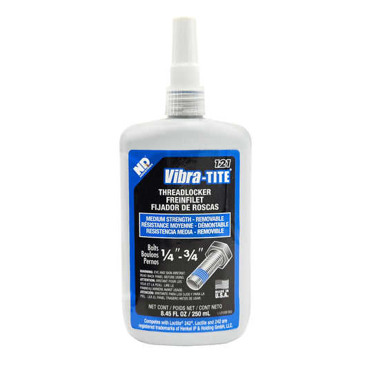 Front view of expired Vibra-Tite 121 medium-strength removable threadlocker 250mL bottle showing bolt application graphic and product details