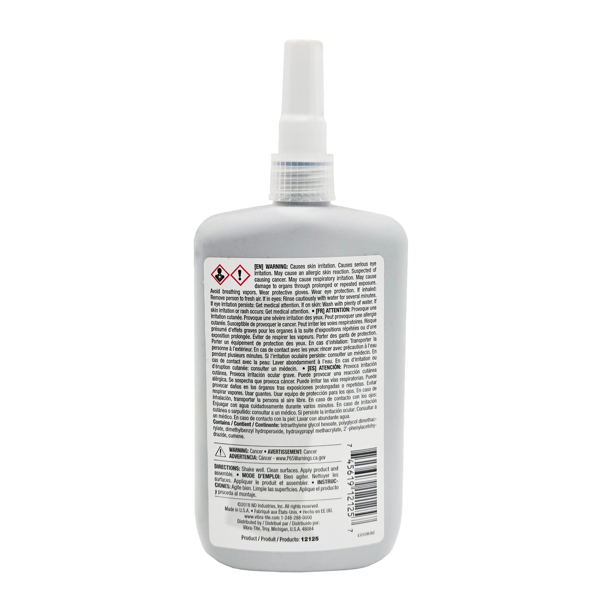 Back label of expired Vibra-Tite 121 threadlocker displaying GHS hazard pictograms, cancer and irritation warnings, ingredients list, and multilingual directions