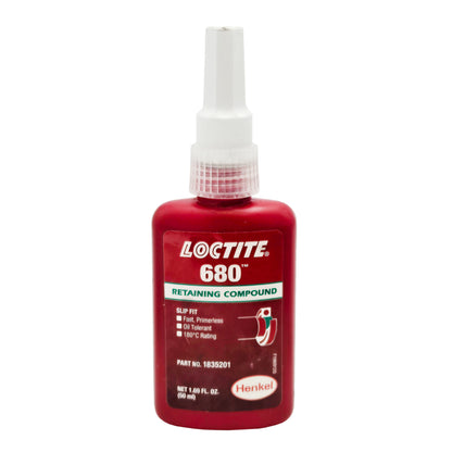 Front of Loctite 680 Retaining Compound 50mL bottle showing label, features, and white applicator tip