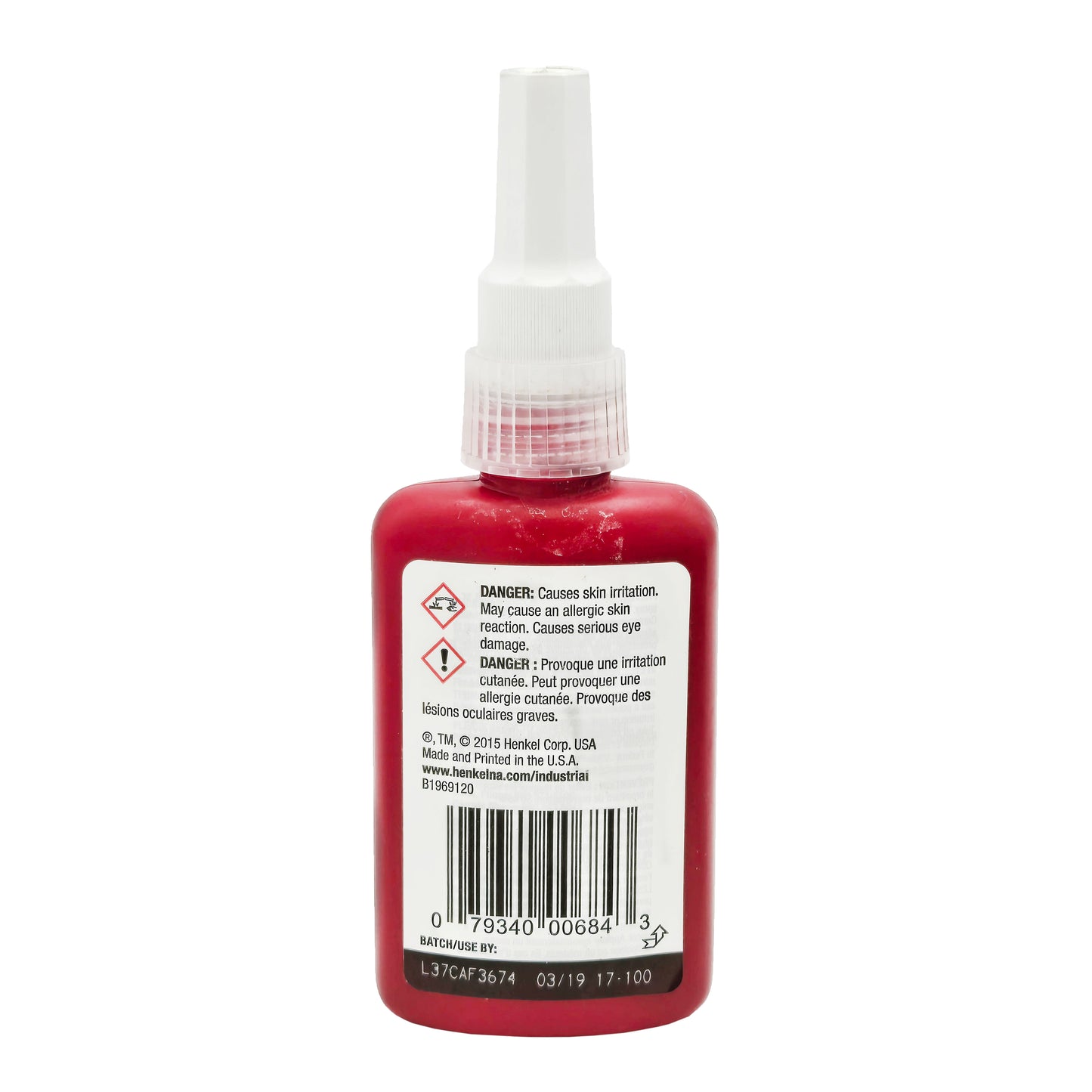 Back of Loctite 680 bottle showing safety warnings, hazard icons, barcode, and expiration date.