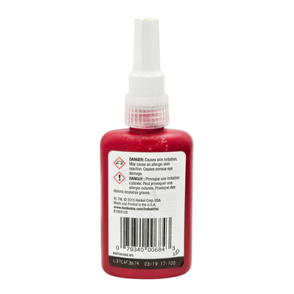 Back of Loctite 680 bottle showing safety warnings, hazard icons, barcode, and expiration date.