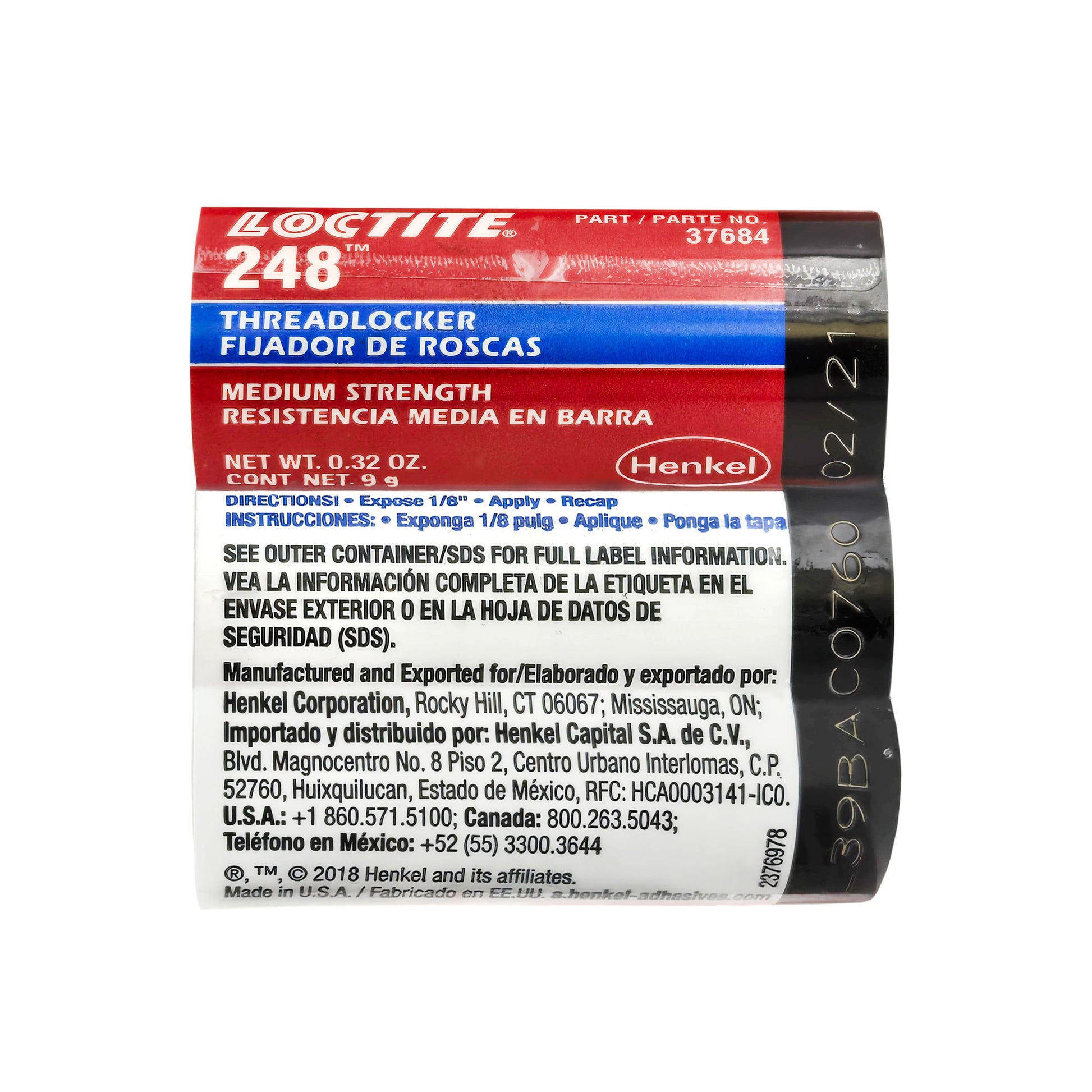 Full side view of Loctite 248 QuickStix Threadlocker stick showing simple apply and recap instructions.