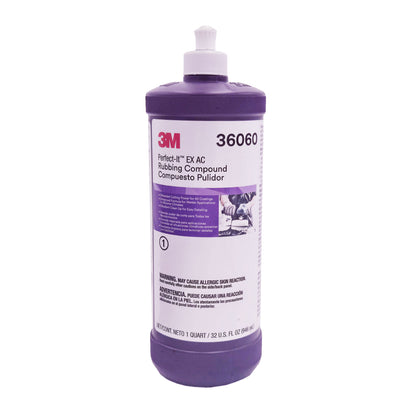 Front of 3M Perfect-It EX AC Rubbing Compound 32oz bottle showing logo, product name, and key features.