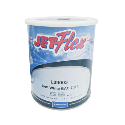 Front of Sherwin-Williams JETFlex Soft White BAC-7363 Aircraft Interior Finish can showing product label and logo.
