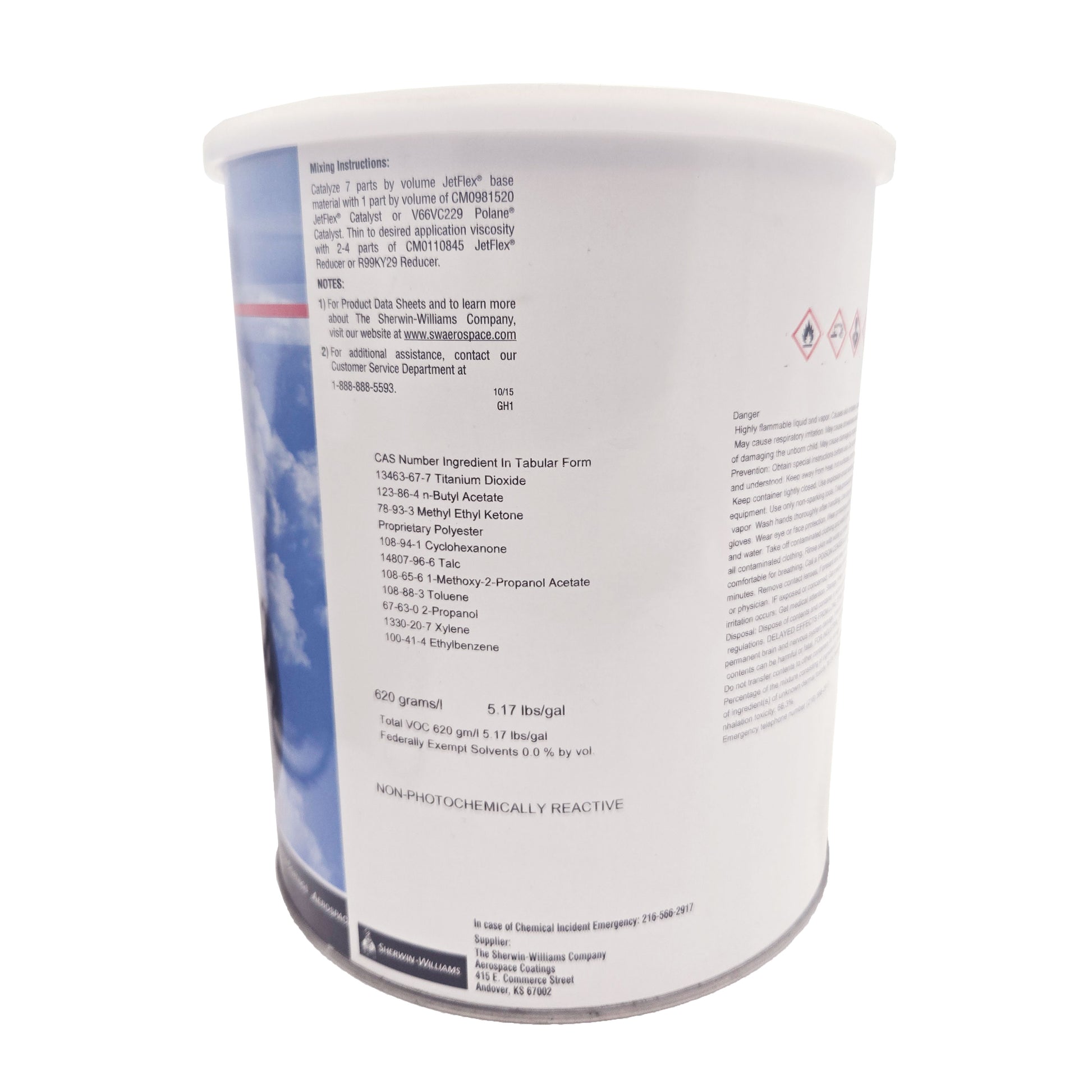 Side of JETFlex BAC-7363 can showing mixing instructions, ingredient list, and VOC data.