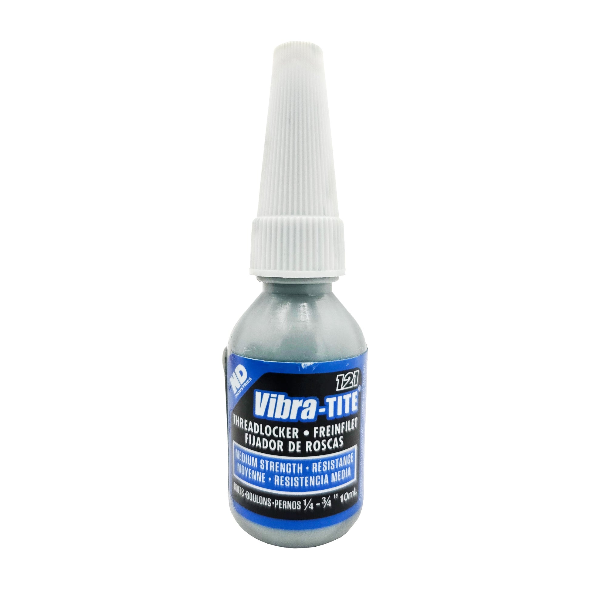 Front view of expired Vibra-Tite 121 medium-strength removable threadlocker tube with white-and-red label and black cap, 10 mL size.