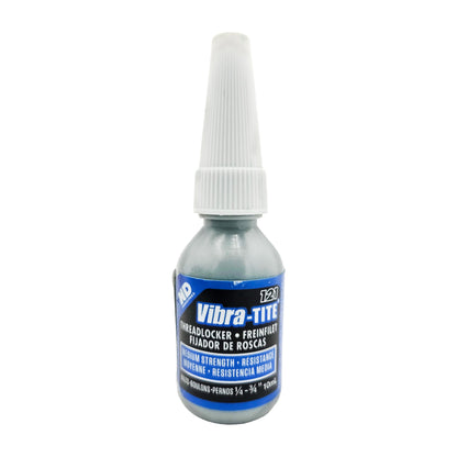 Front view of expired Vibra-Tite 121 medium-strength removable threadlocker tube with white-and-red label and black cap, 10 mL size.