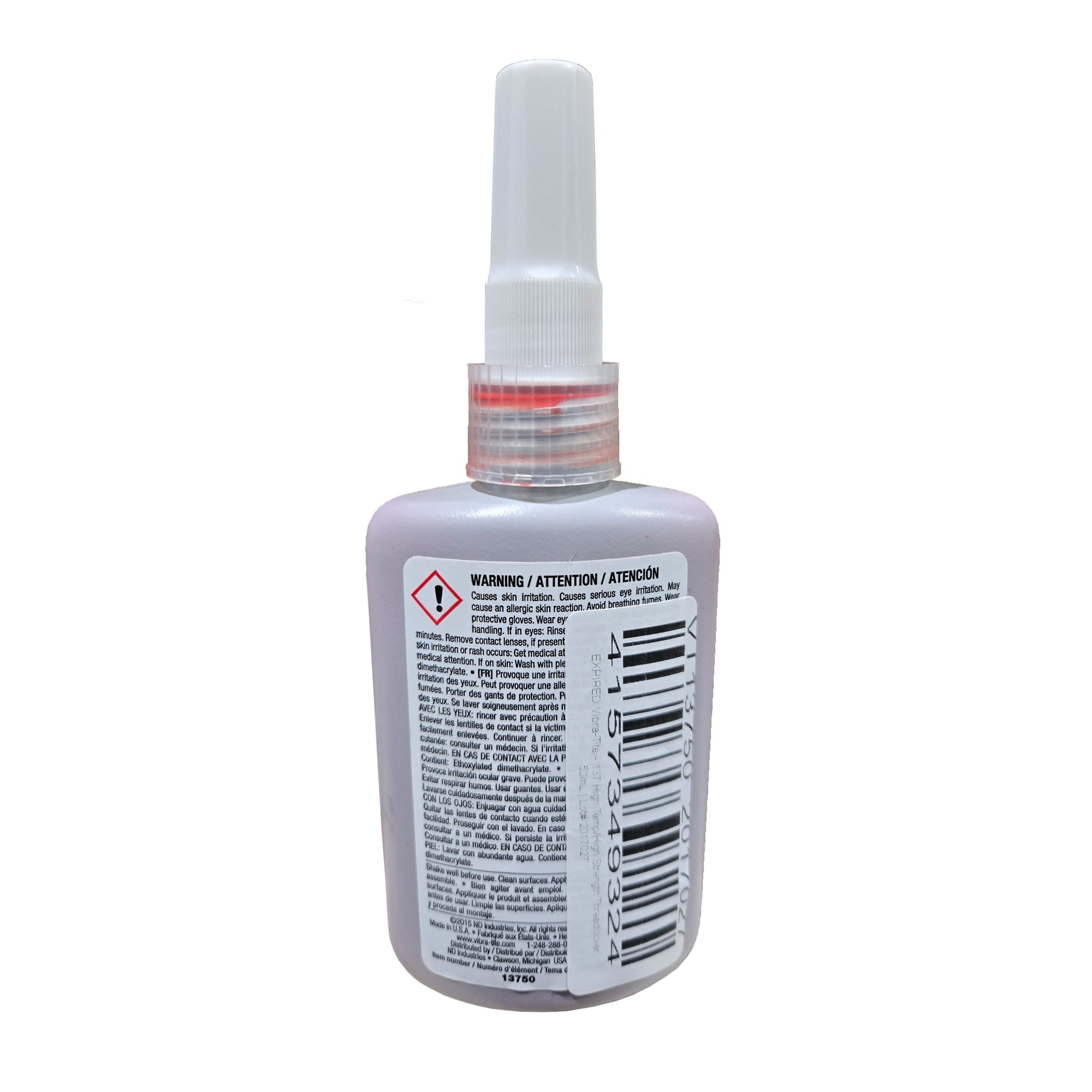 Back of Vibra-Tite 137 Threadlocker bottle displaying safety warnings, directions for use, and manufacturer details.