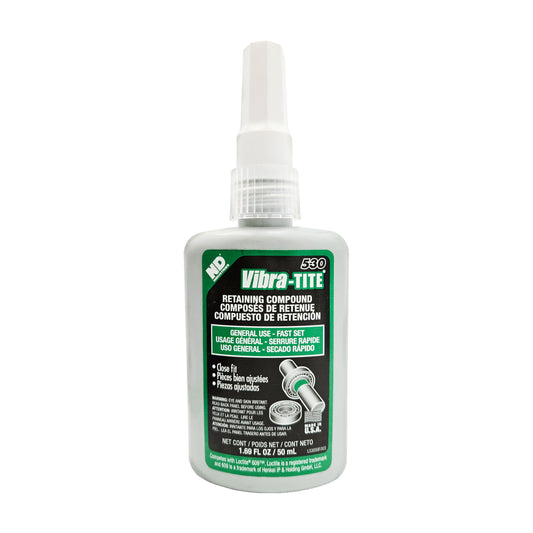 Front view of expired Vibra-Tite 530 general-purpose retaining compound 50mL gray bottle showing fast-set formula for close-fit parts.
