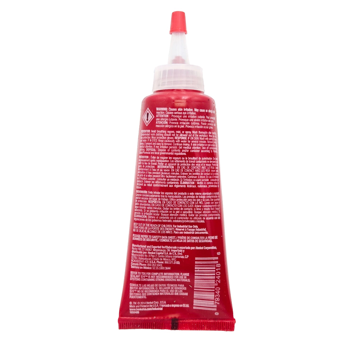 Back of Loctite 574 Flange Sealant tube showing hazard warnings, barcode, and Henkel manufacturer details.