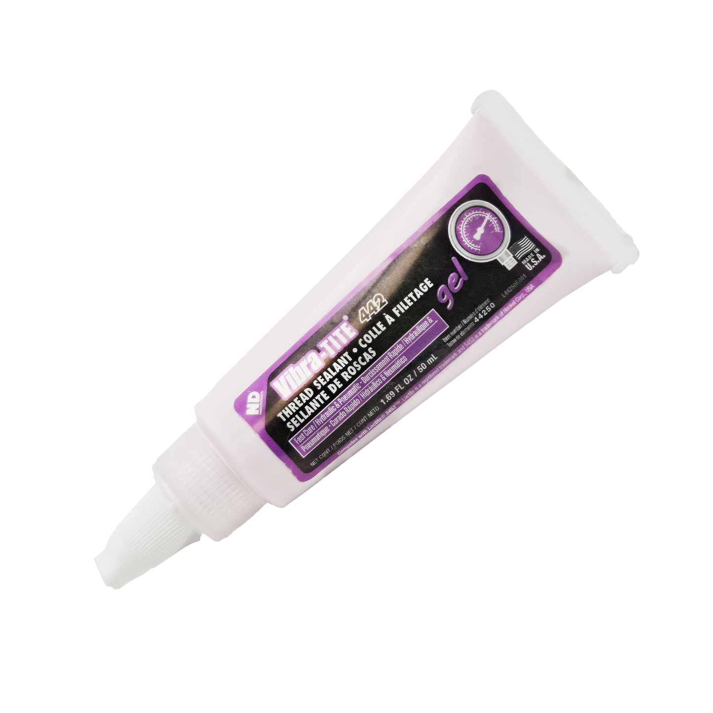 Front view of expired Vibra-Tite 442 hydraulic thread sealant tube with blue-and-white label and black cap.