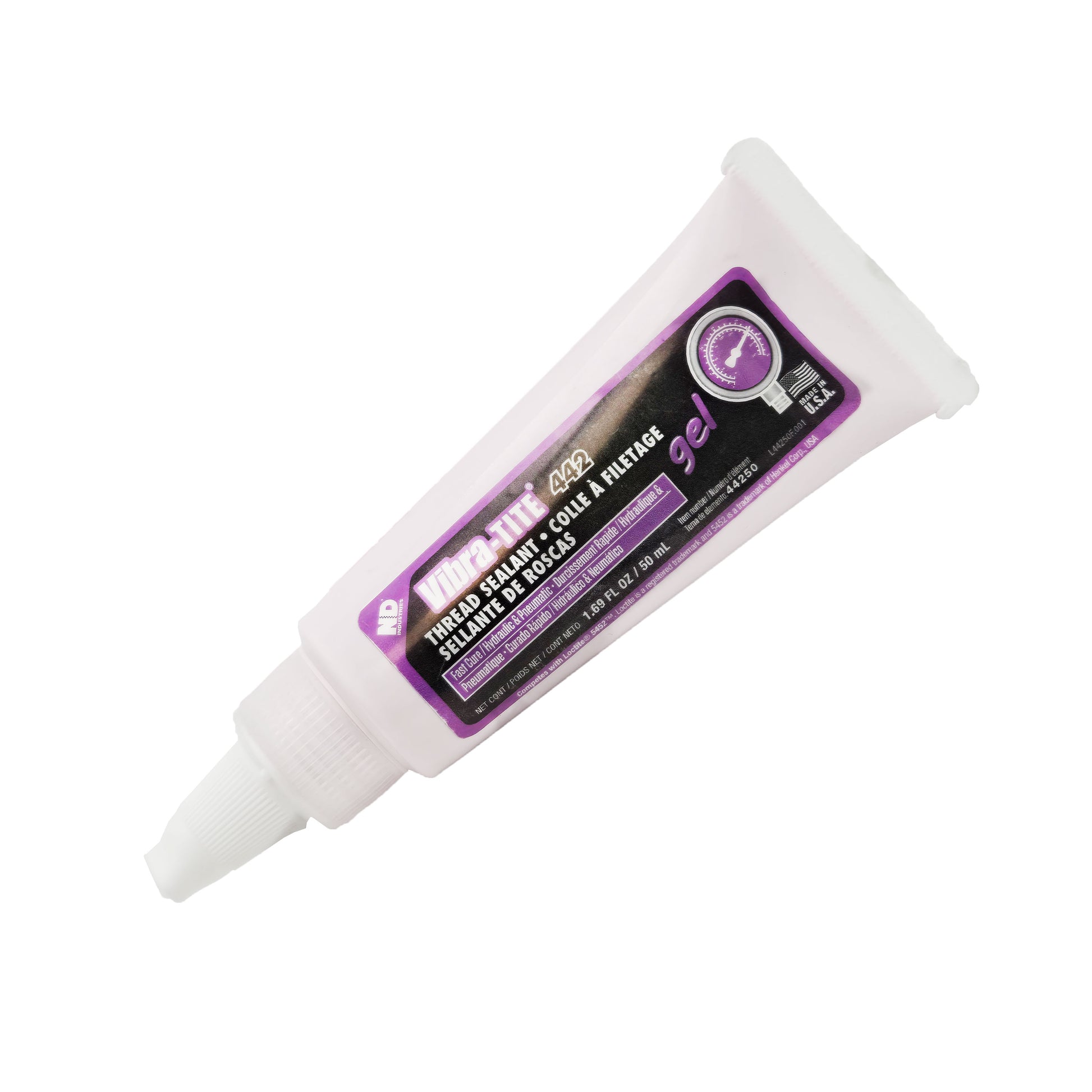 Front view of expired Vibra-Tite 442 hydraulic thread sealant tube with blue-and-white label and black cap.