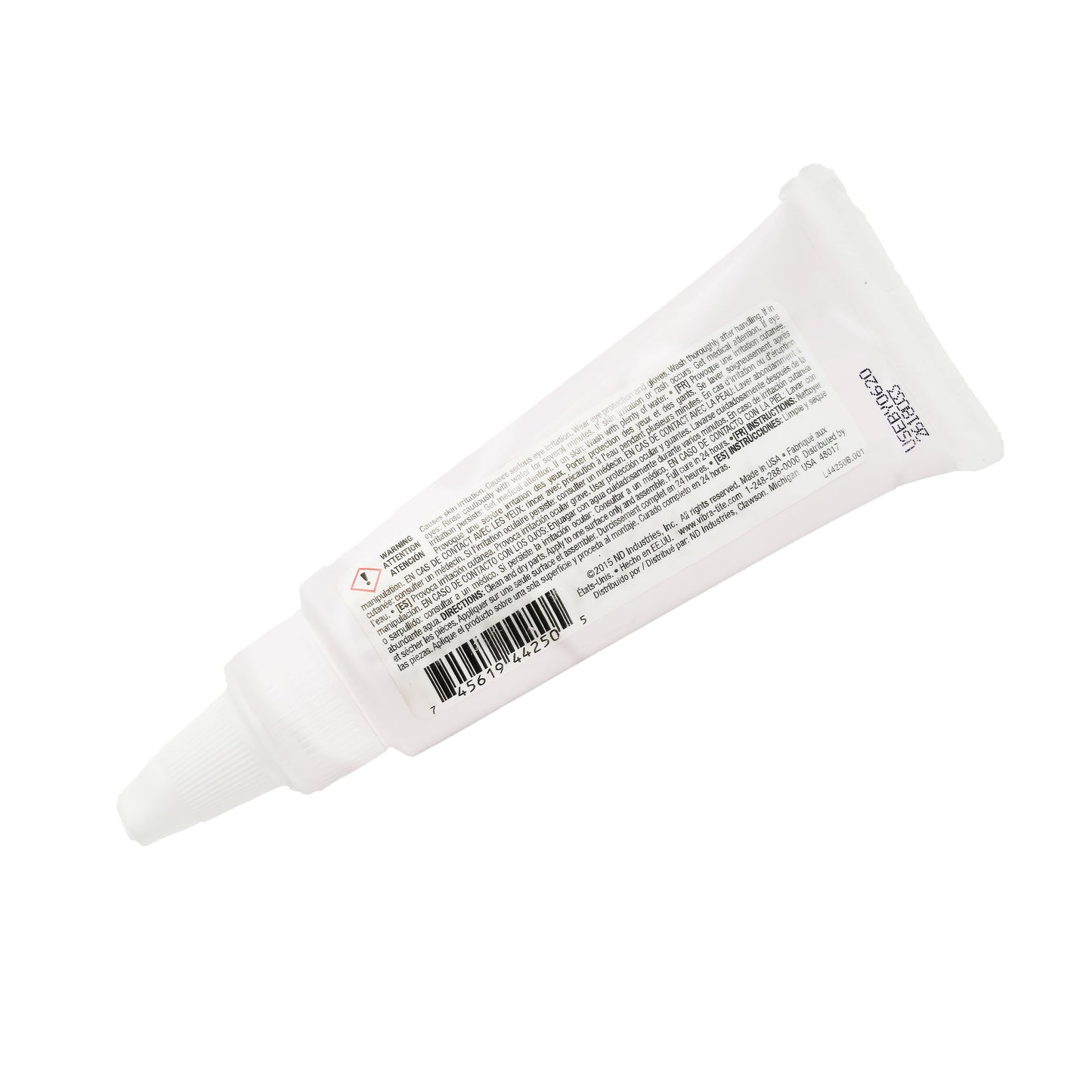 Back view of expired Vibra-Tite 442 thread sealant tube showing crimped end with printed lot and date code.