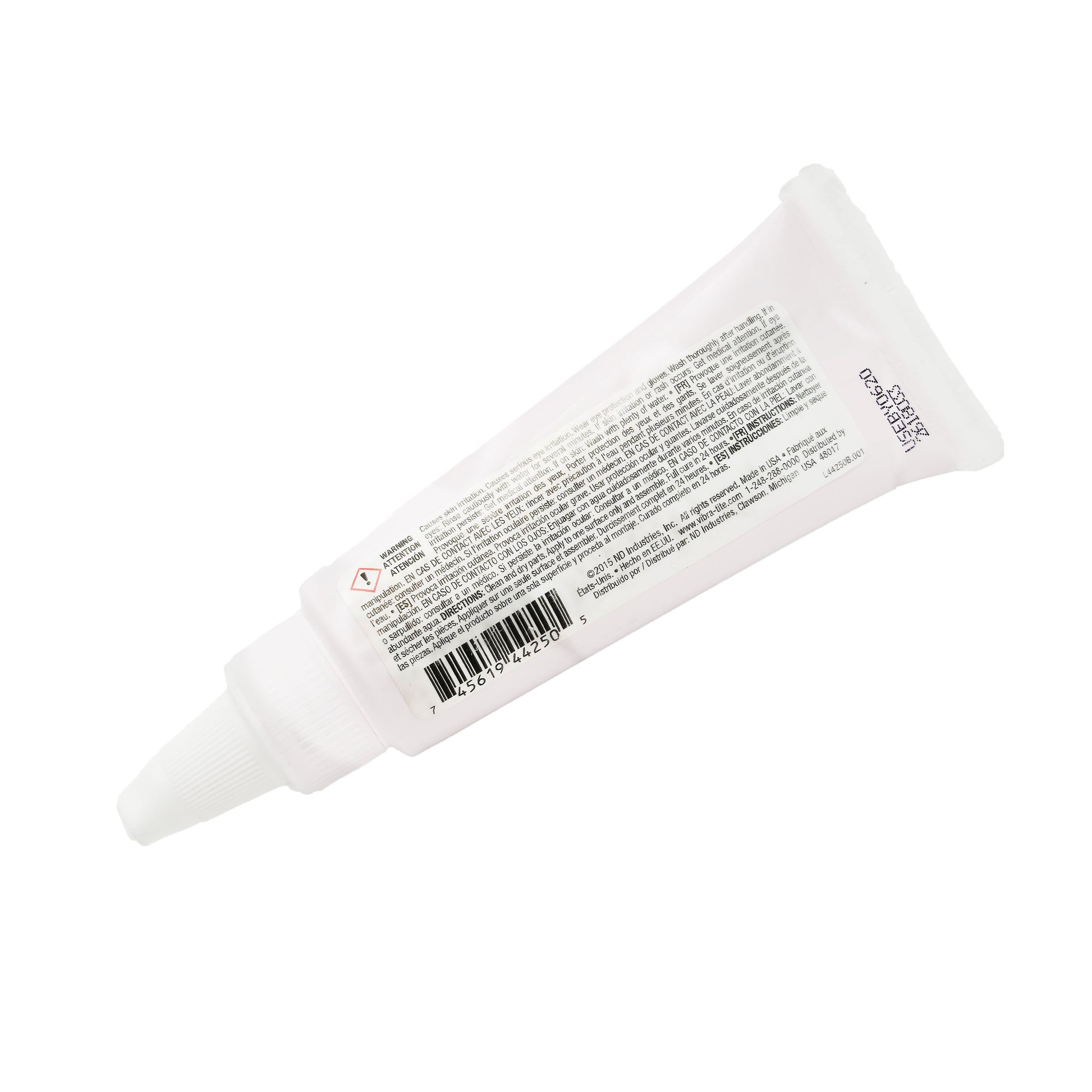 Back view of expired Vibra-Tite 442 thread sealant tube showing crimped end with printed lot and date code.