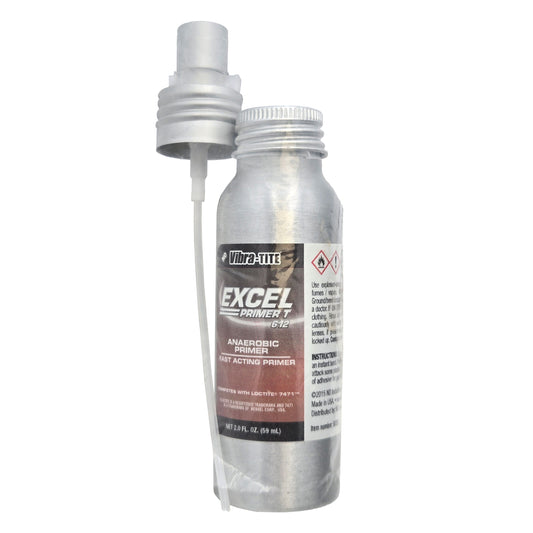 Front of Vibra-Tite 612 Primer T 2oz bottle showing product label, spray nozzle, and Loctite 7647 compatibility.