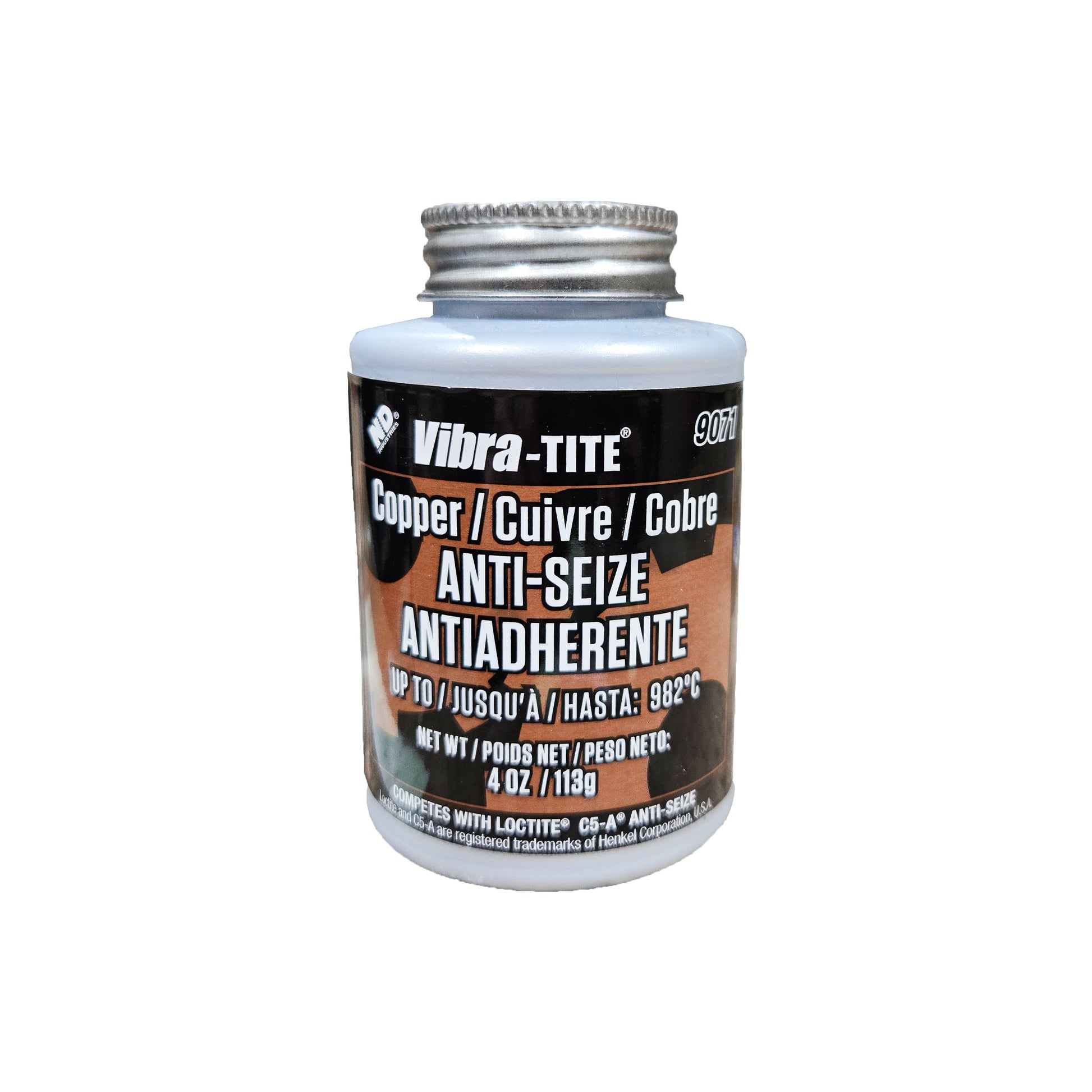 Front label of expired Vibra-Tite 9071 copper anti-seize 4oz container showing 982°C temperature rating and product details.