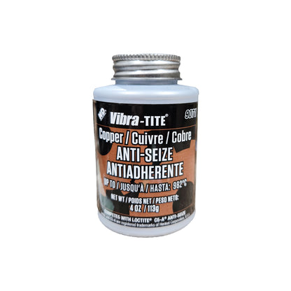 Front label of expired Vibra-Tite 9071 copper anti-seize 4oz container showing 982°C temperature rating and product details.