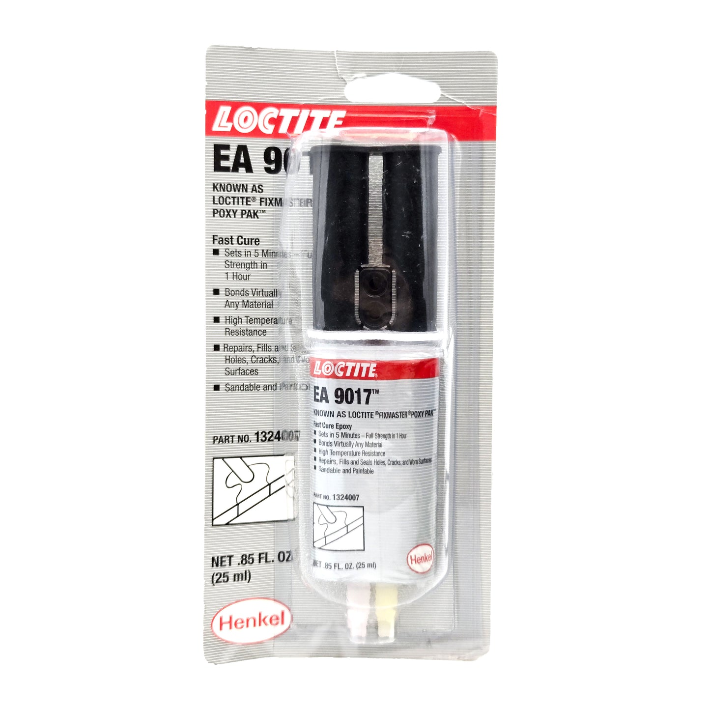 Front of Loctite Fixmaster Fast Cure Poxy Pak Epoxy Adhesive blister pack showing dual syringe and product label.