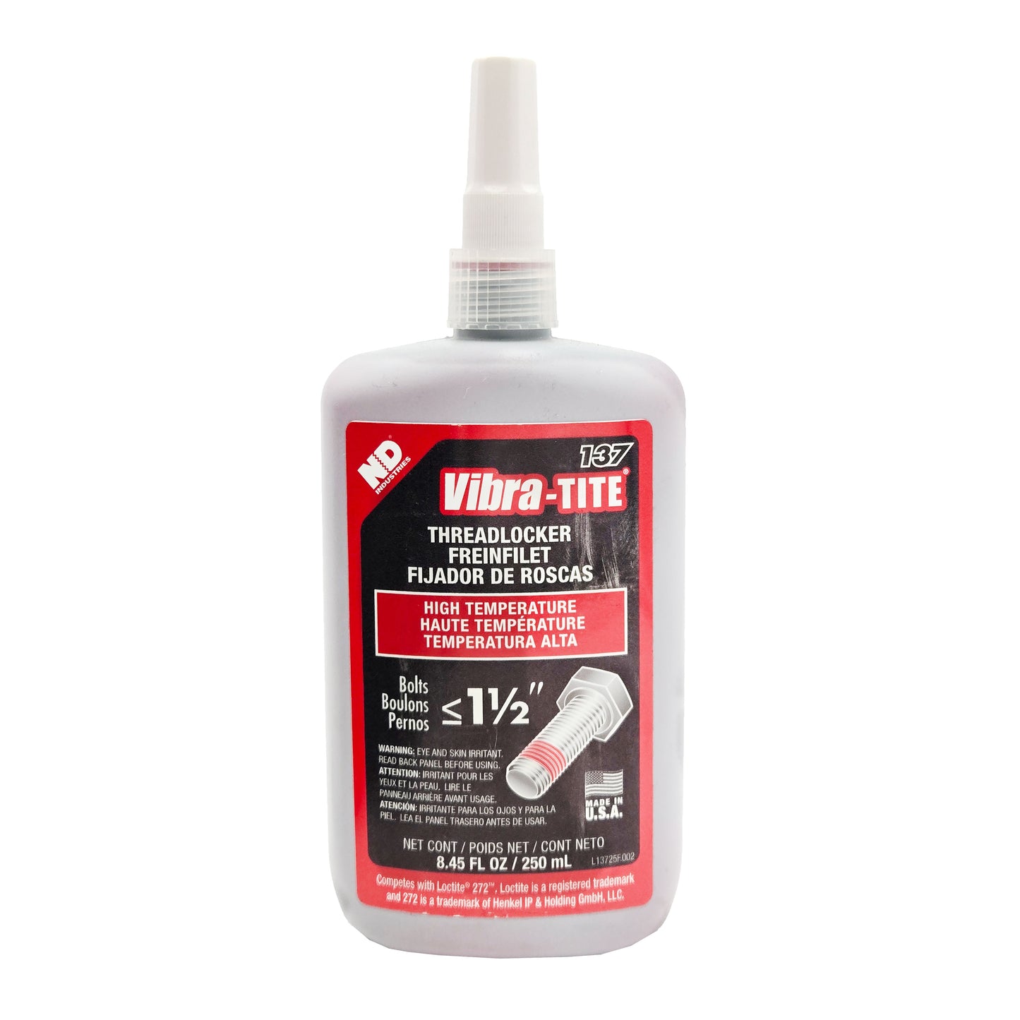 Front view of expired Vibra-Tite 137 high-temperature high-strength threadlocker 250mL bottle with red bolt-application graphic.