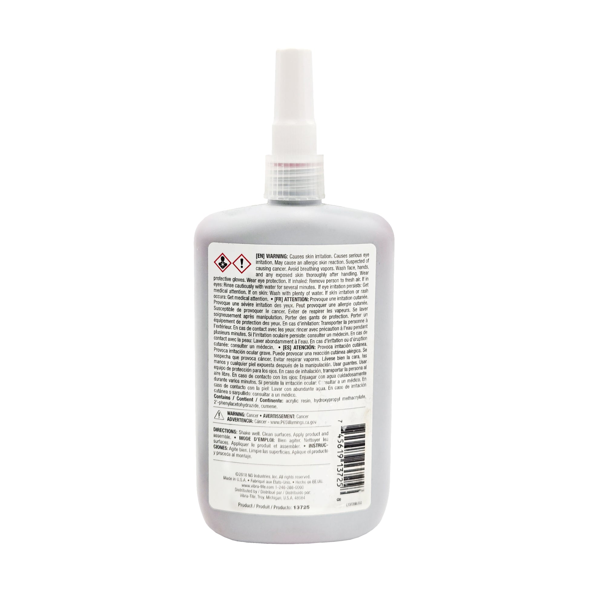 Back label of expired Vibra-Tite 137 threadlocker showing GHS hazard pictograms, cancer and irritation warnings, contents list, and multilingual directions