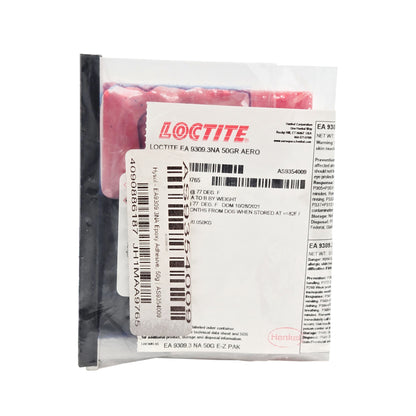 Front of Loctite Hysol EA9309.3NA 50g aerospace epoxy kit showing product label, lot number, and expiration date.
