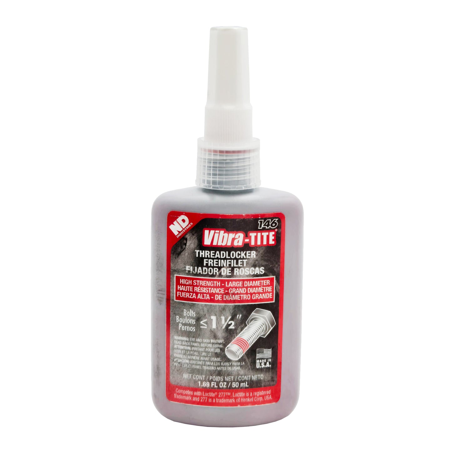 Front of Vibra-Tite 146 High Strength Large Diameter Threadlocker 50mL bottle showing label and bolt graphic.