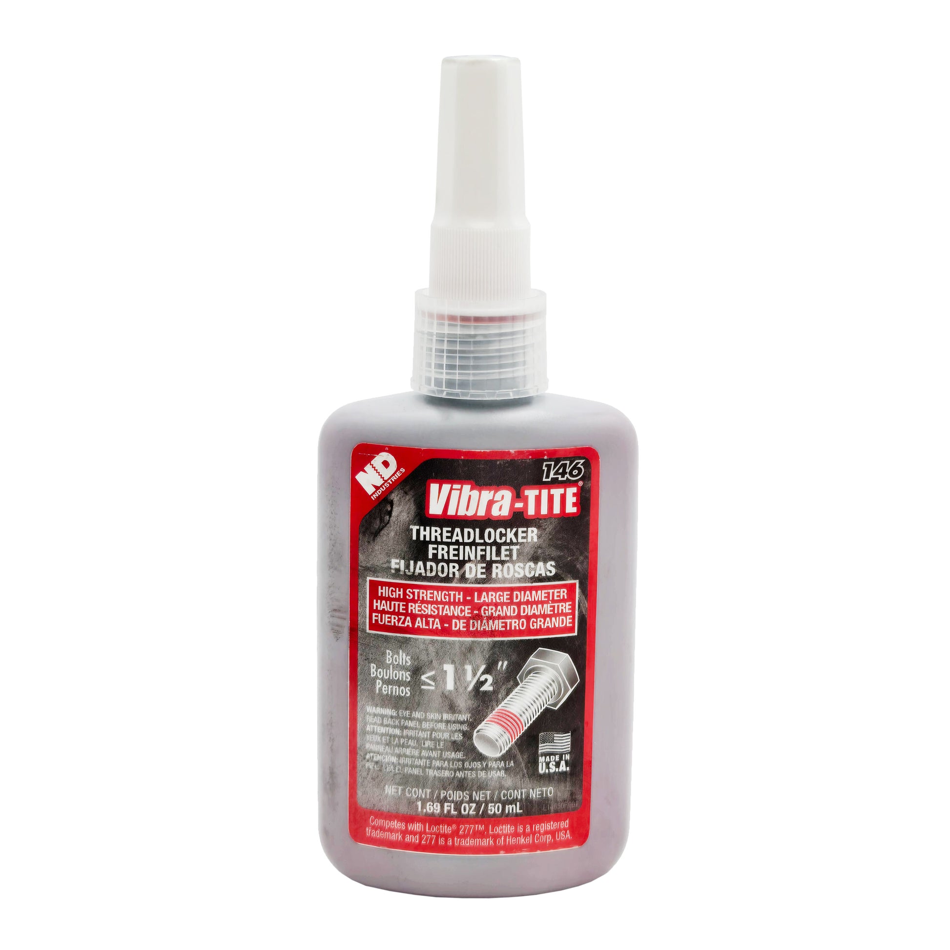 Front of Vibra-Tite 146 High Strength Large Diameter Threadlocker 50mL bottle showing label and bolt graphic.