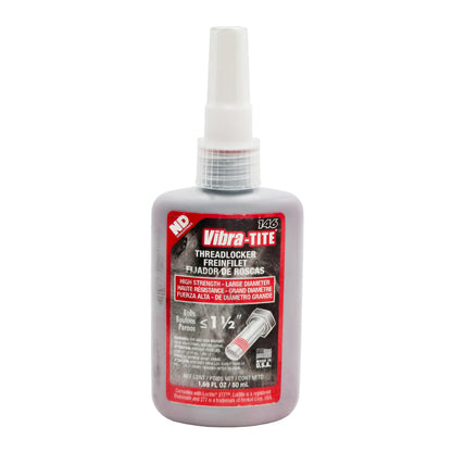 Front of Vibra-Tite 146 High Strength Large Diameter Threadlocker 50mL bottle showing label and bolt graphic.