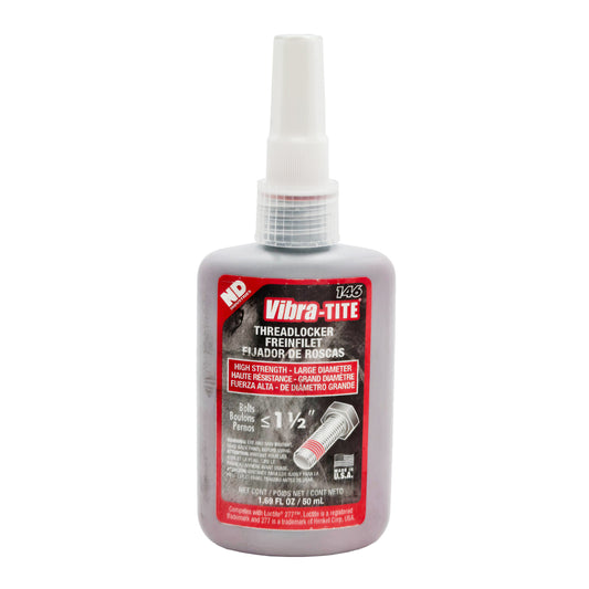 Front of Vibra-Tite 146 High Strength Large Diameter Threadlocker 50mL bottle showing label and bolt graphic.
