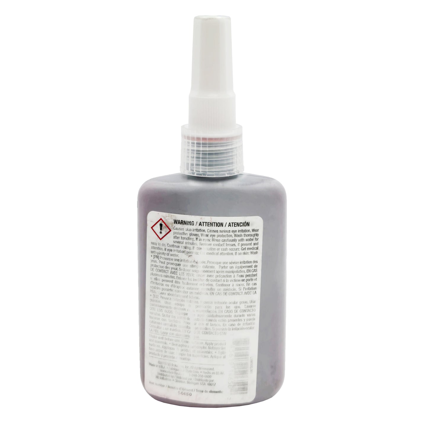 Back of Vibra-Tite 146 Threadlocker bottle displaying safety warnings, directions, and manufacturer information.