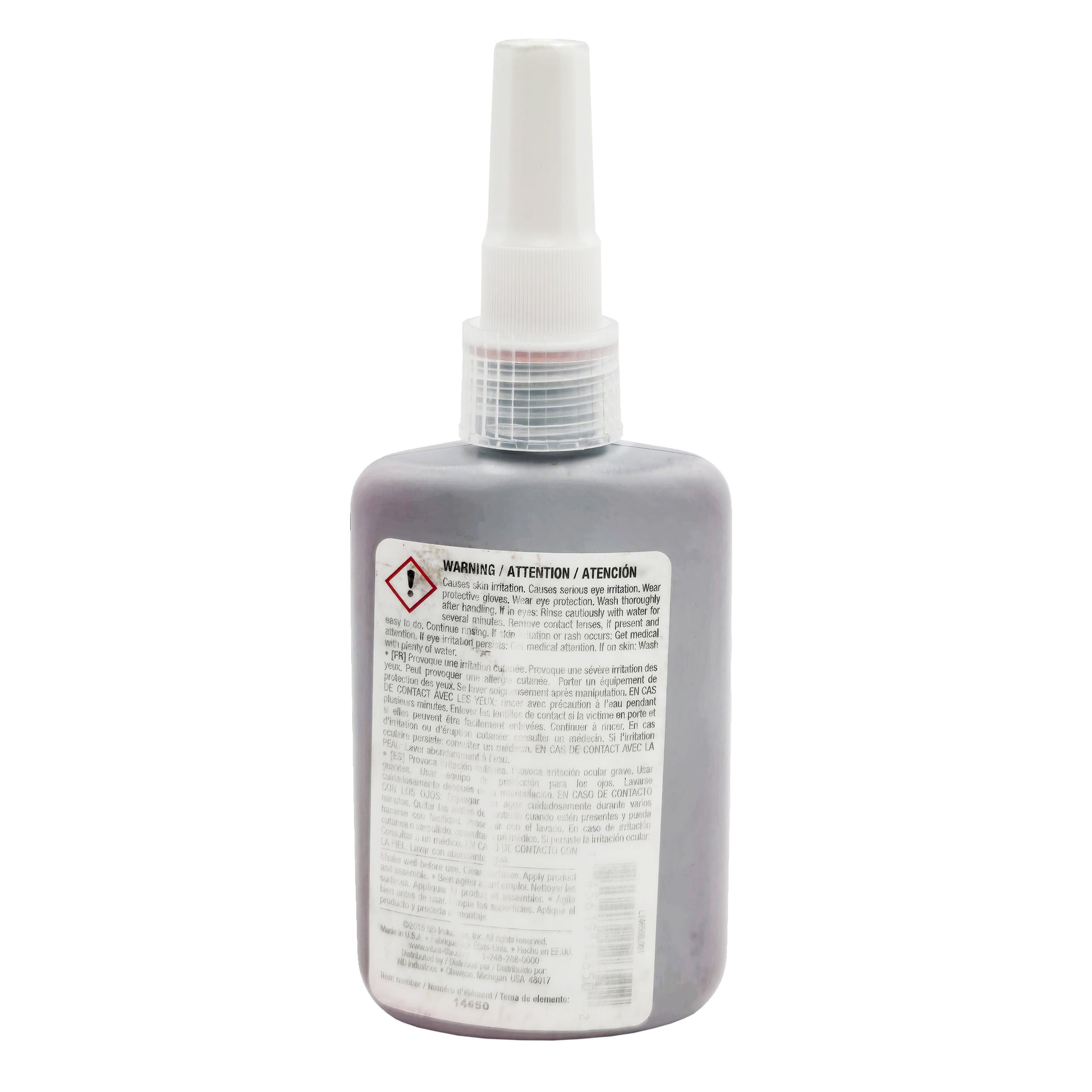 Back of Vibra-Tite 146 Threadlocker bottle displaying safety warnings, directions, and manufacturer information.