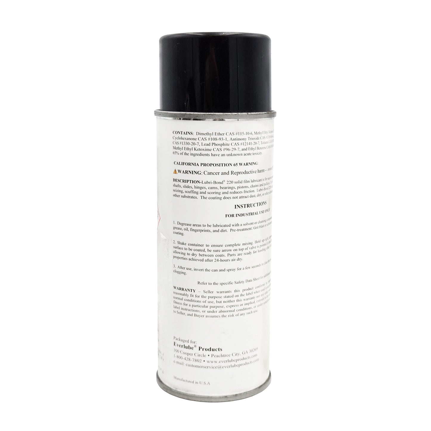 Side view of Everlube Lubri-Bond 220 lubricant can showing chemical ingredients, hazard warnings, and usage instructions.