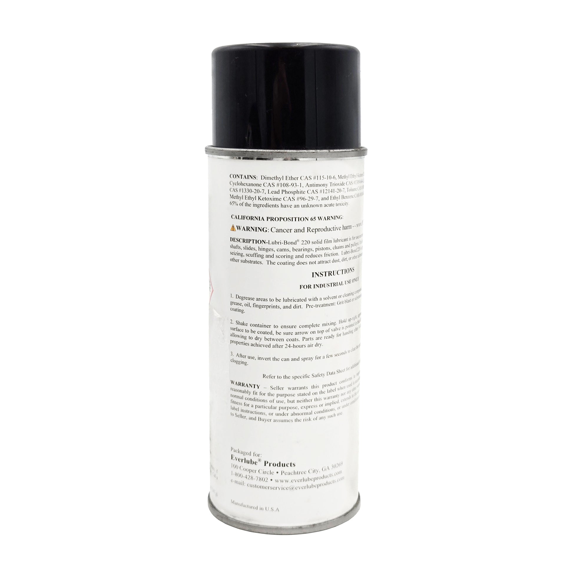 Side view of Everlube Lubri-Bond 220 lubricant can showing chemical ingredients, hazard warnings, and usage instructions.