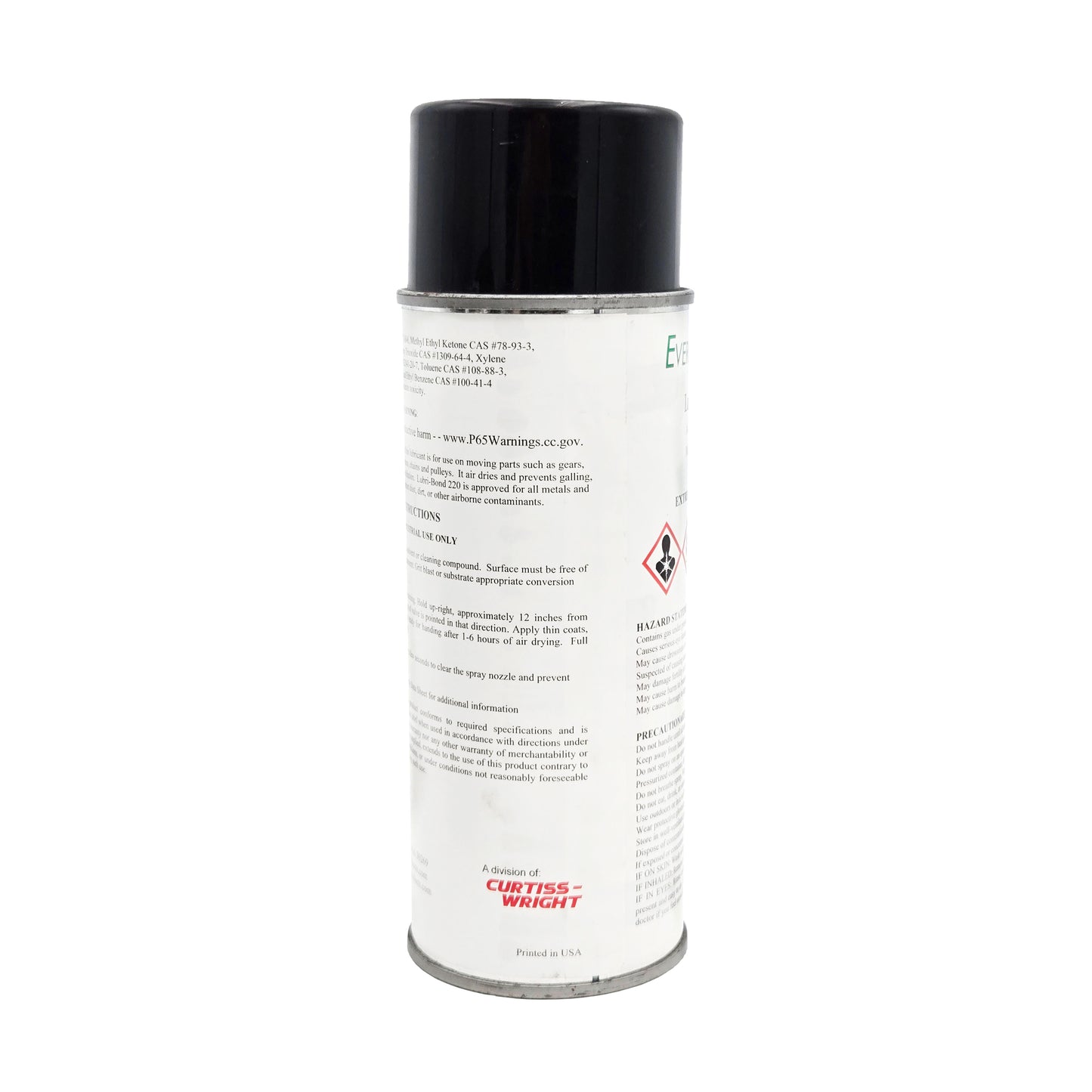 Side view of Everlube Lubri-Bond 220 aerosol lubricant showing application instructions and manufacturer information.