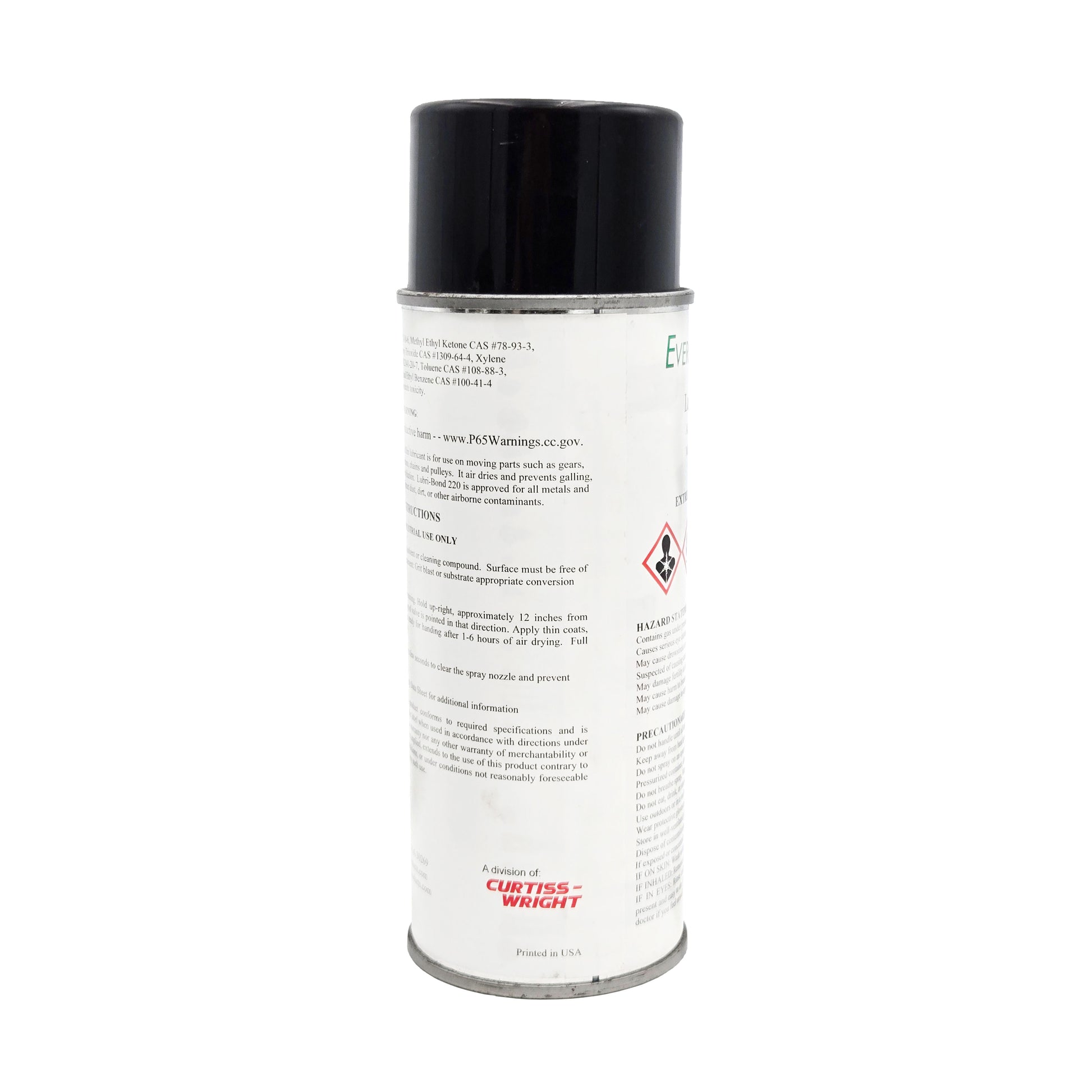 Side view of Everlube Lubri-Bond 220 aerosol lubricant showing application instructions and manufacturer information.