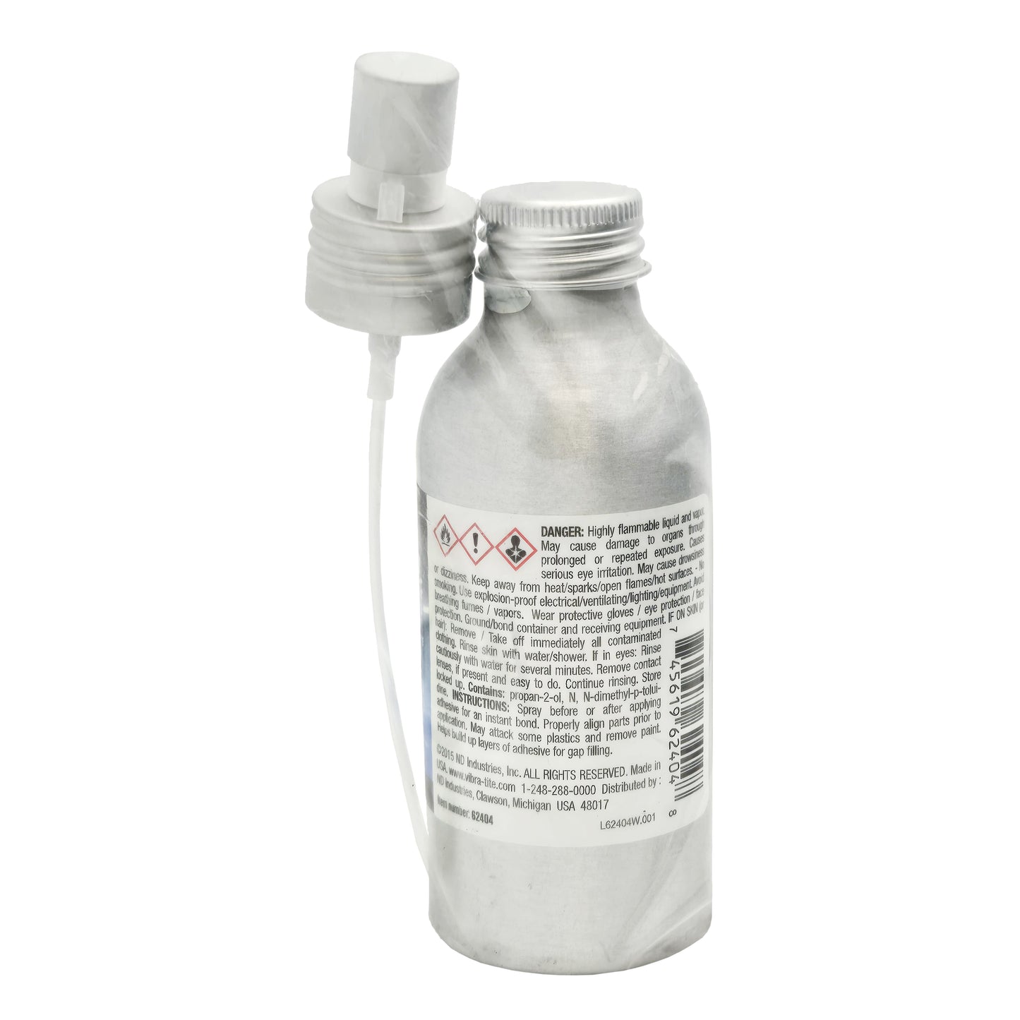 Back of Vibra-Tite 624 Accelerator bottle showing danger warnings, handling directions, and manufacturer details.