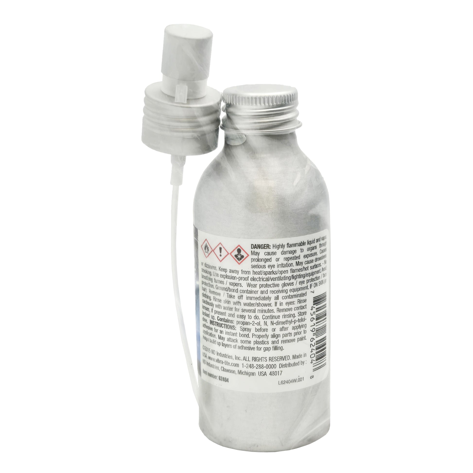 Back of Vibra-Tite 624 Accelerator bottle showing danger warnings, handling directions, and manufacturer details.