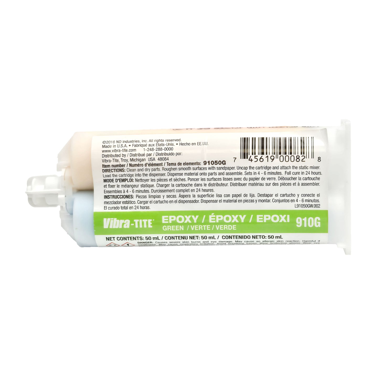 Close-up of dispensing end of Vibra-Tite 910 dual epoxy cartridge with protective cap over the two-part nozzles.