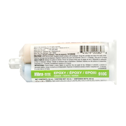 Close-up of dispensing end of Vibra-Tite 910 dual epoxy cartridge with protective cap over the two-part nozzles.