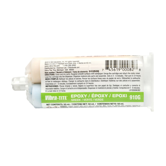 Close-up of dispensing end of Vibra-Tite 910 dual epoxy cartridge with protective cap over the two-part nozzles.