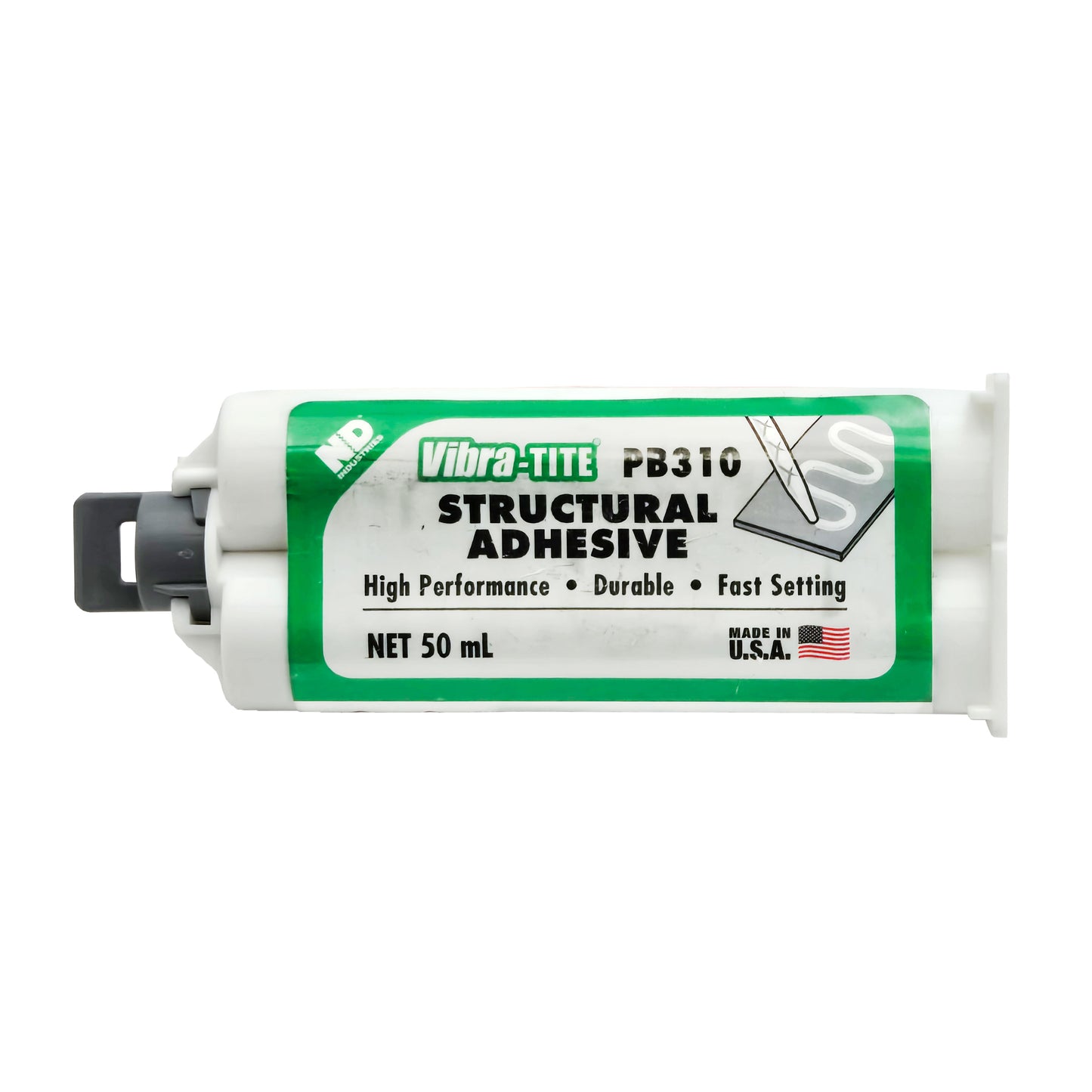 Front of Vibra-Tite PB310 All Purpose High Strength MMA Structural Adhesive 50mL dual cartridge showing label and design.