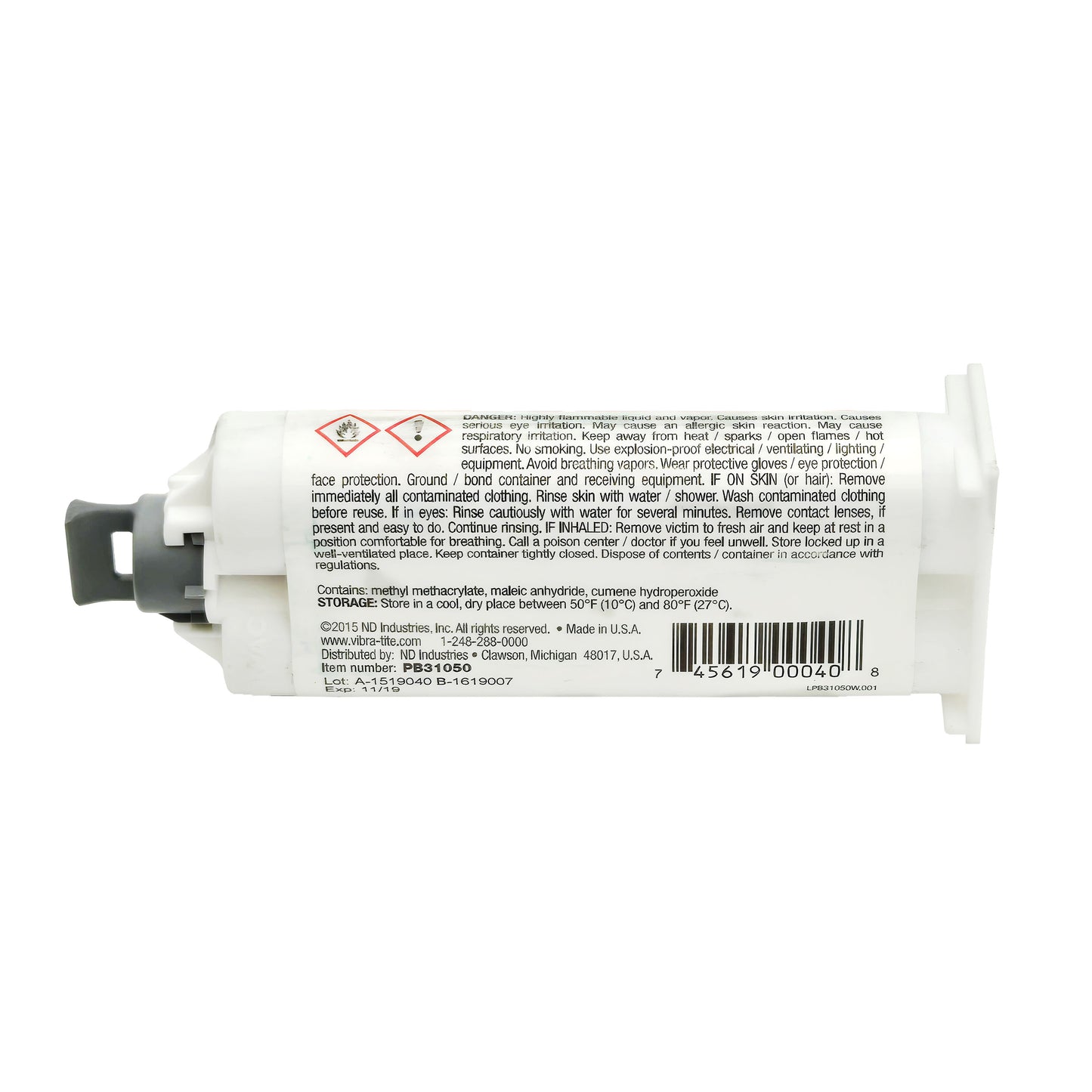 Front of Vibra-Tite PB310 All Purpose High Strength MMA Structural Adhesive 50mL dual cartridge showing label and design.