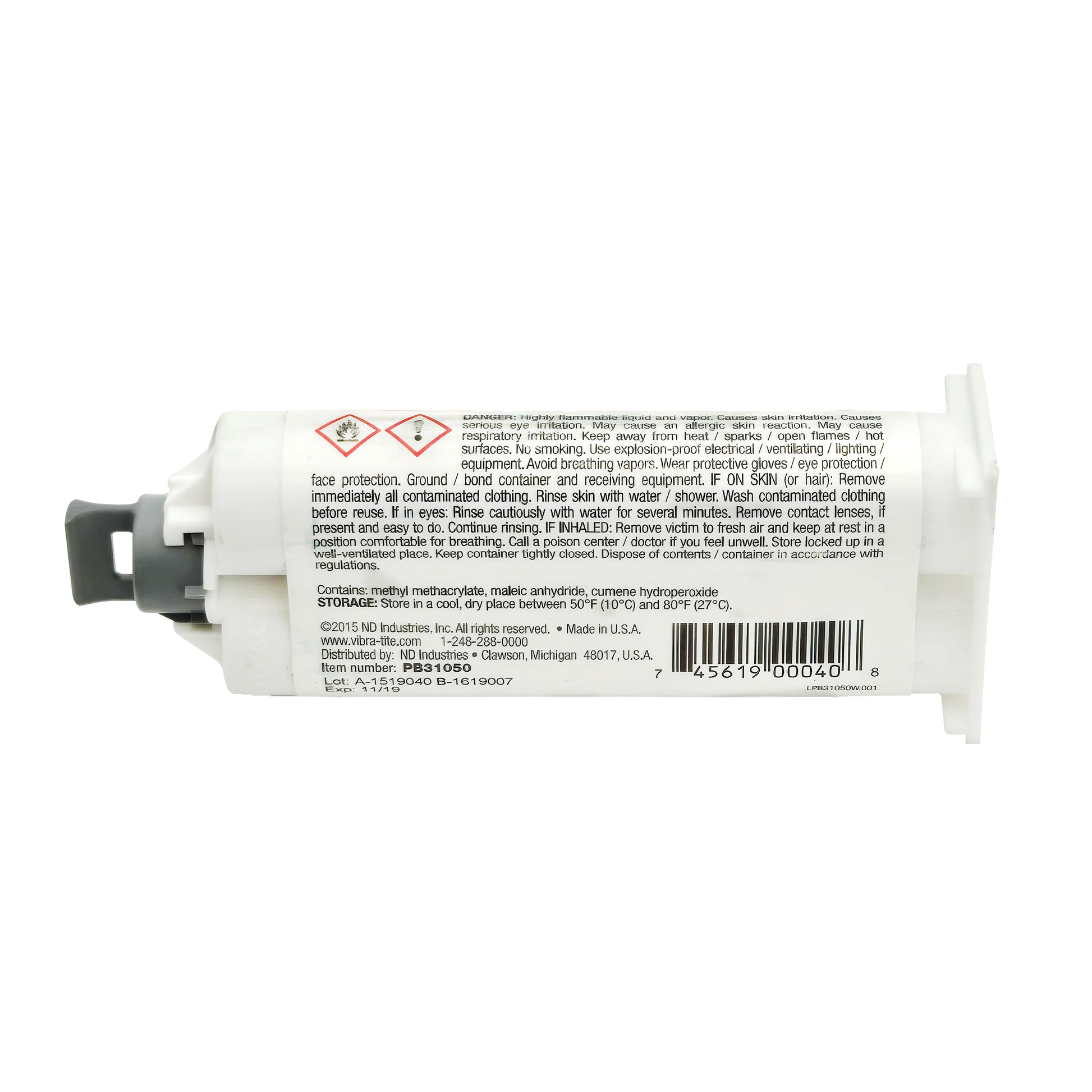 Front of Vibra-Tite PB310 All Purpose High Strength MMA Structural Adhesive 50mL dual cartridge showing label and design.