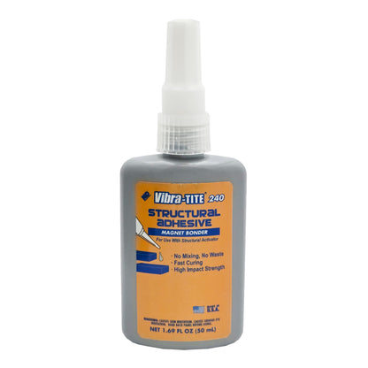 Front of Vibra-Tite 240 NO-Mix Structural Acrylic Adhesive 50 mL bottle showing label and key features.