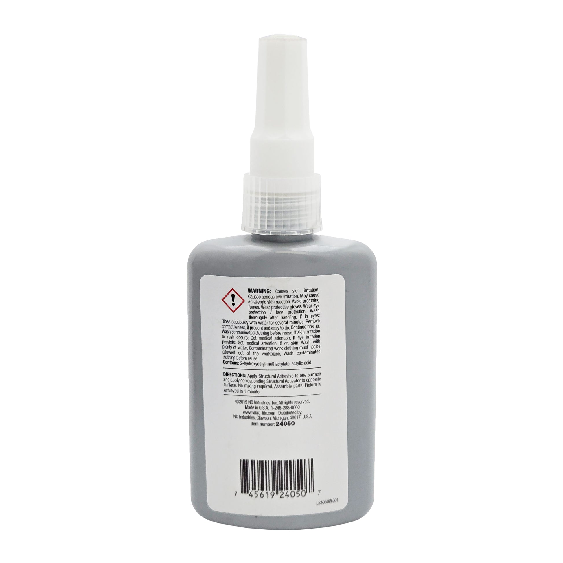 Back of Vibra-Tite 240 Acrylic Adhesive bottle displaying safety warnings, usage directions, and manufacturer details.