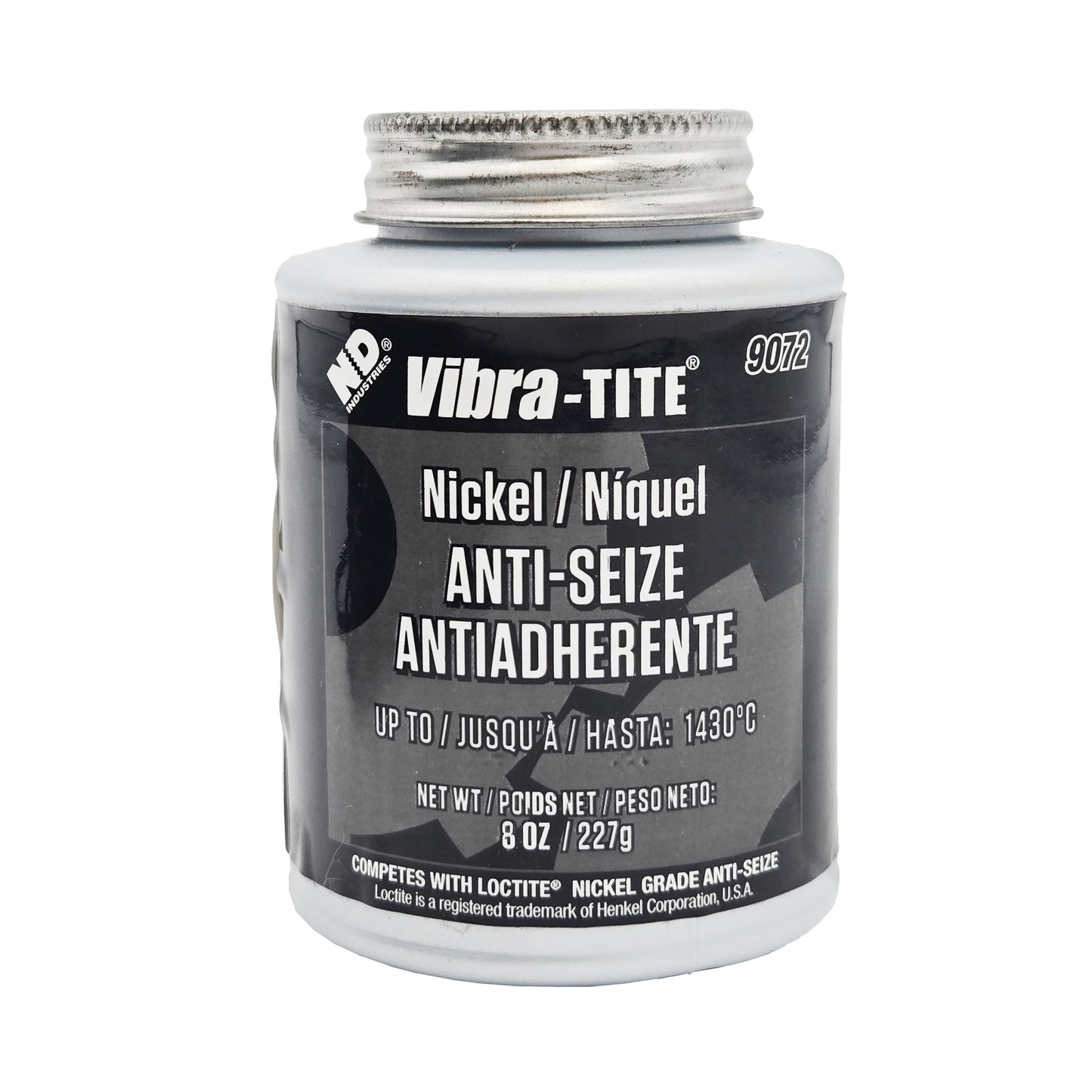 Front label of expired Vibra-Tite 9072 nickel anti-seize 8oz container showing temperature rating up to 1430°C and product details.