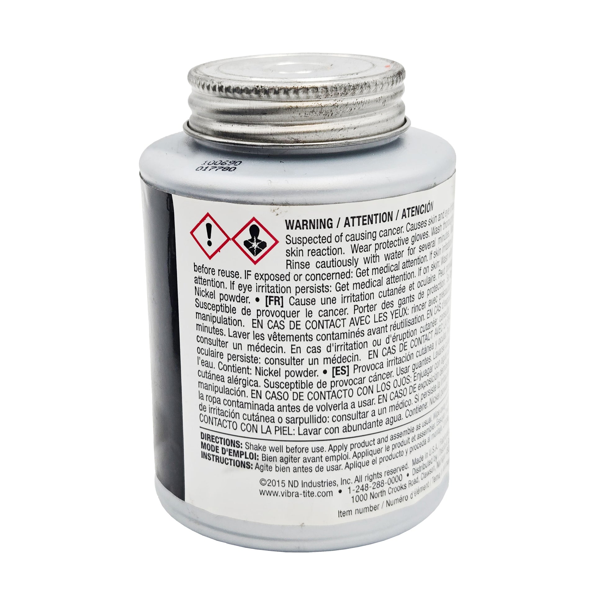 Side label of expired Vibra-Tite 9072 nickel anti-seize displaying GHS hazard pictograms, cancer warning, nickel powder hazard, and directions for use.